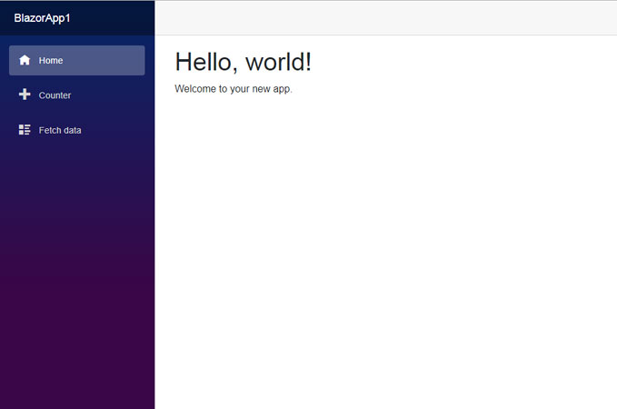 Homepage of a microsoft blazor application with Hello World!