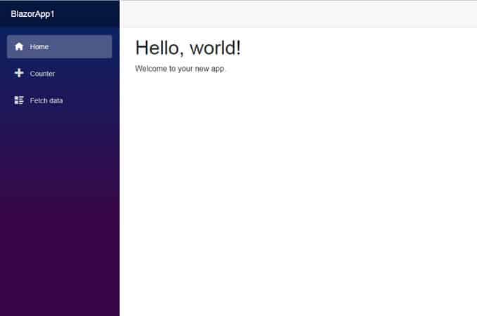 Homepage of a microsoft blazor application with Hello World!