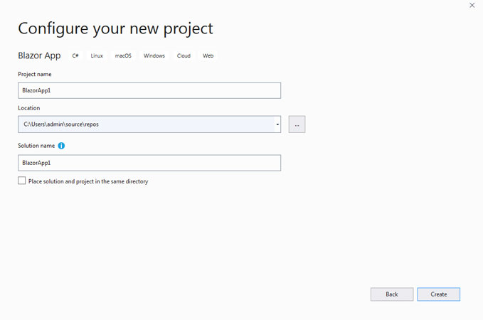 Give suitable project name and configure new blazor project in visual studio