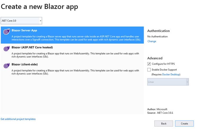 Select option with create a new blazor App in a visual studio