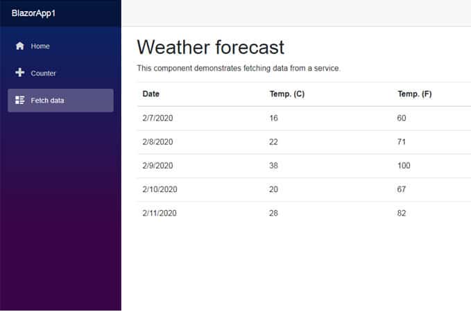 Fetch data windows in a new microsoft blazor app