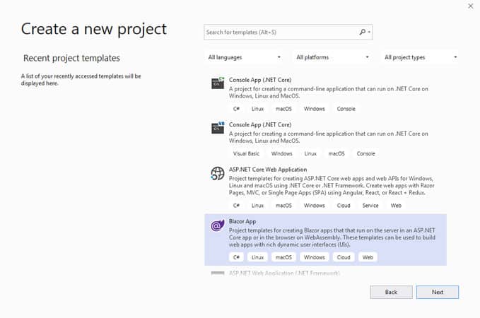 Select Blazor App Option in Microsoft Visual Studio